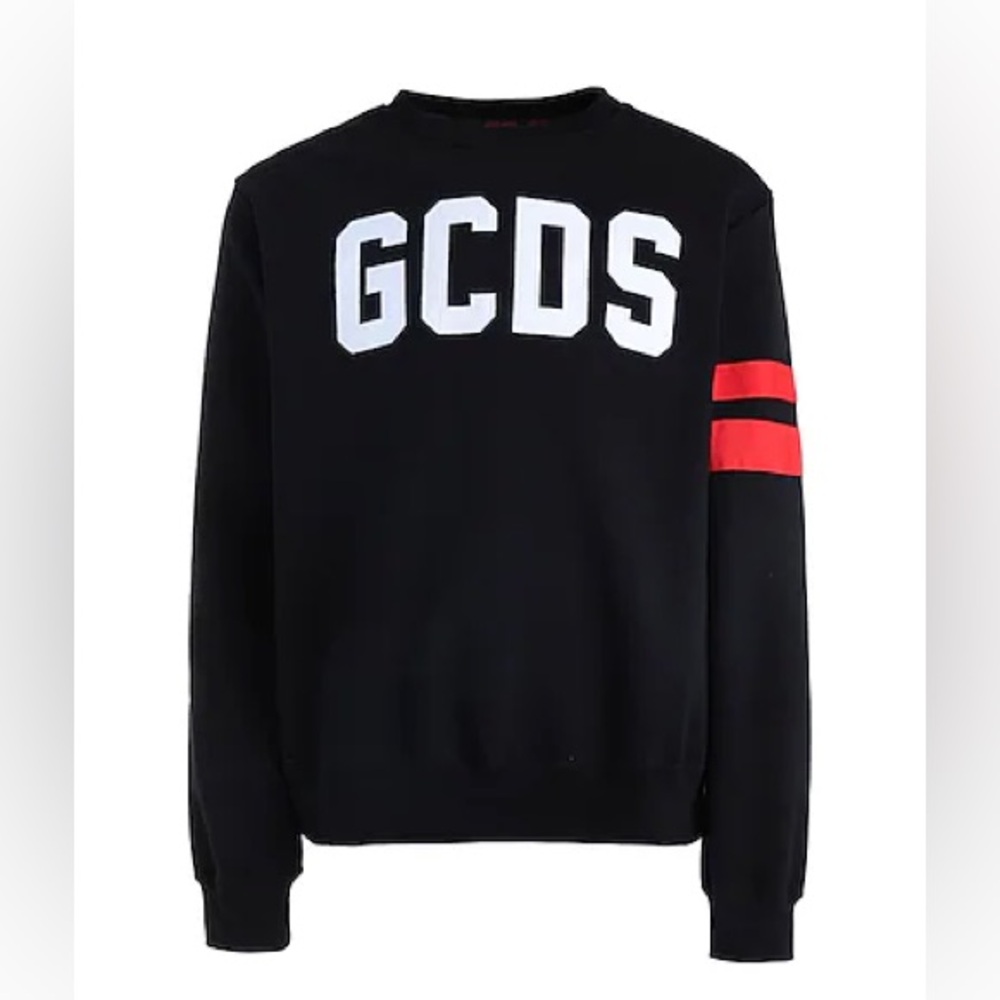GCDS Black Crewneck Sweatshirt | Logo Graphic, Red Stripe Sleeve